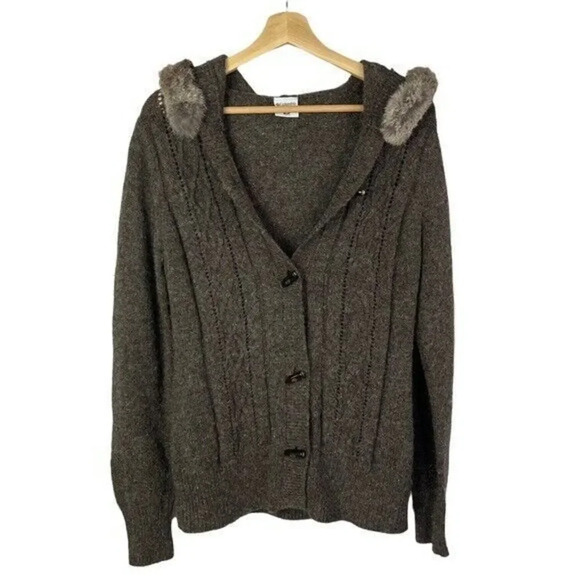 Columbia Dark Brown Cable Knit Fur Trim Hood Button Down Sweater M - Picture 1 of 5